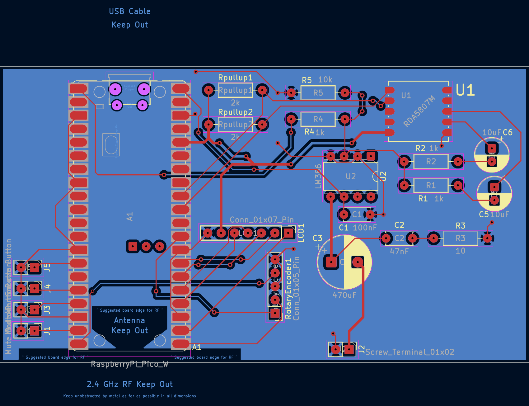 Final two-layer PCB layout as fabricated, showing the RF keep-out regions