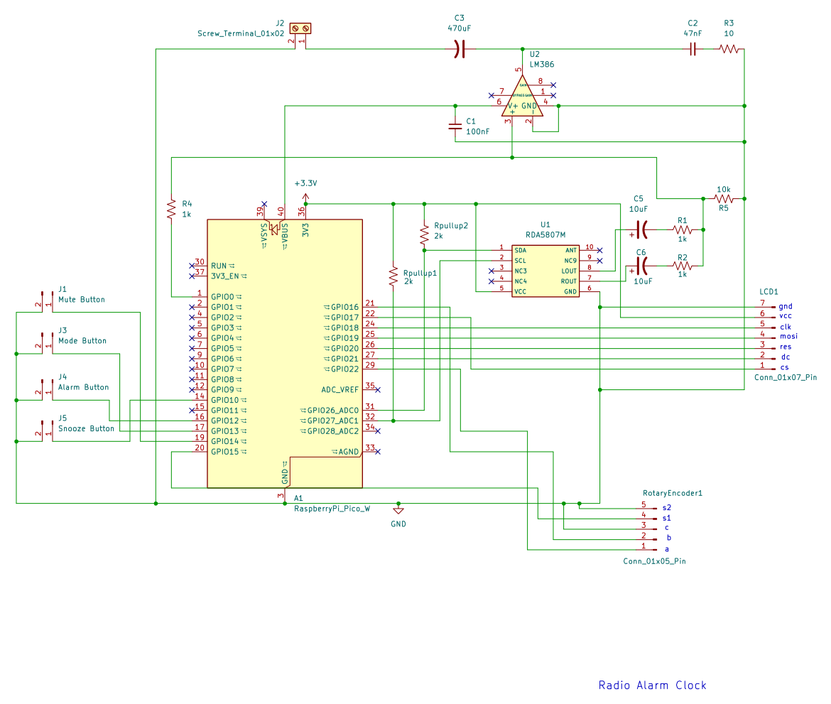 Complete KiCad circuit schematic of the Radio Rhino clock-radio